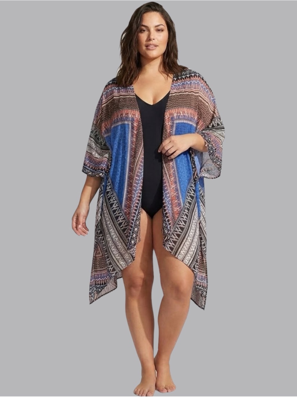 Fashion to Figure Boho Patchwork Scarf Print Kimono Duster Swim Coverup 1X